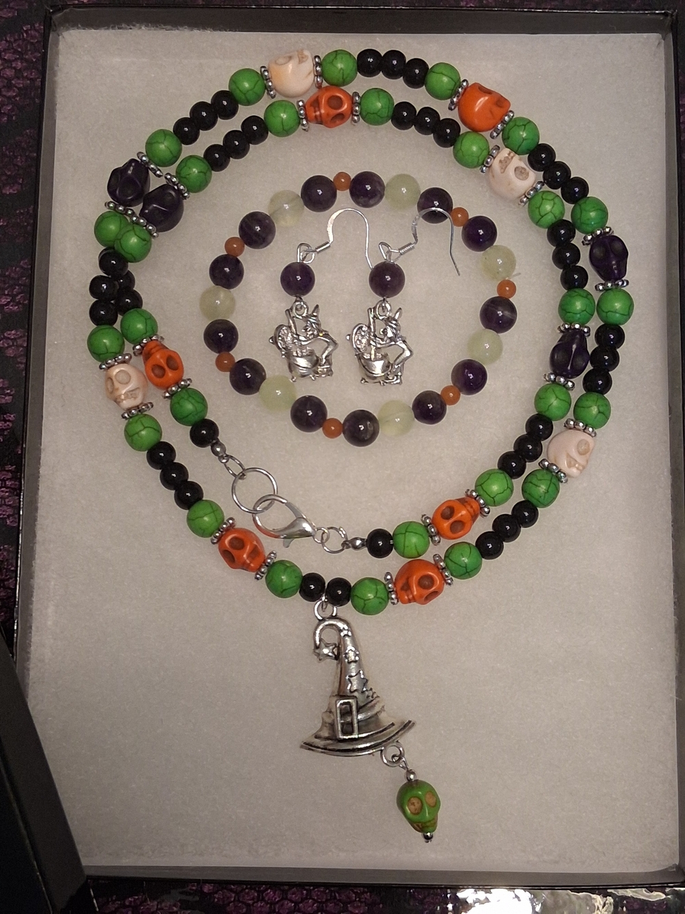 Handmade Halloween Witch Hat Skulls Gemstone Jewelry Set Green, Orange & Black